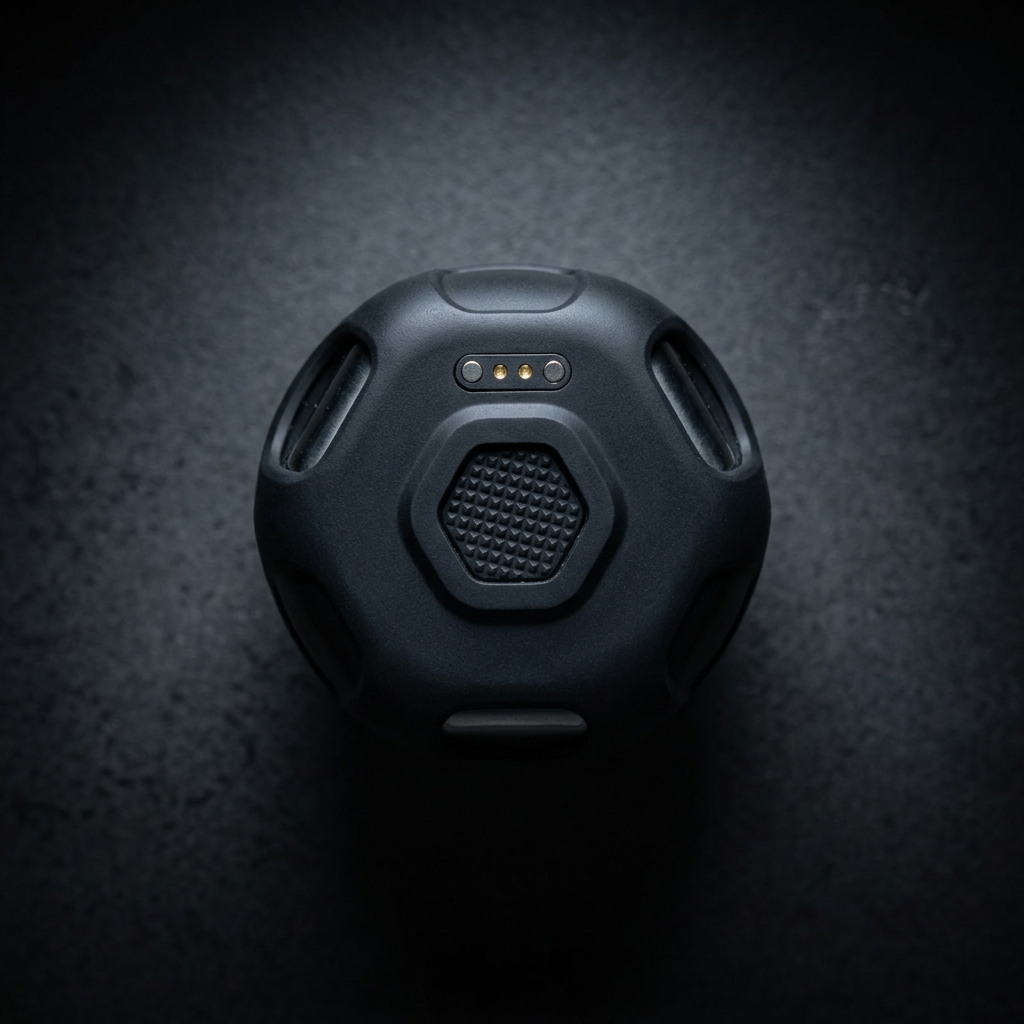 Underside of the Blitz Grenade showing magnetic charging contacts and vent slots