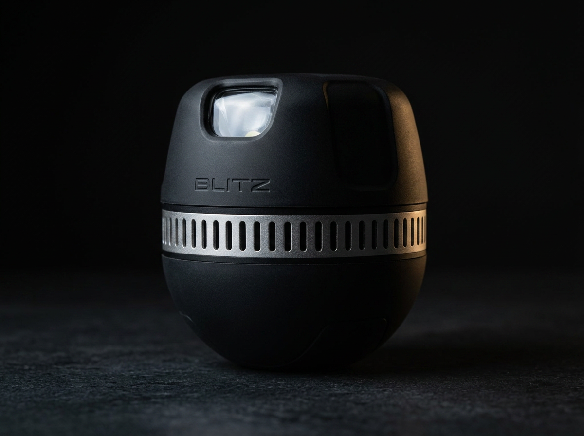The Blitz Grenade resting on honed gunmetal stone, lit by a single raking light